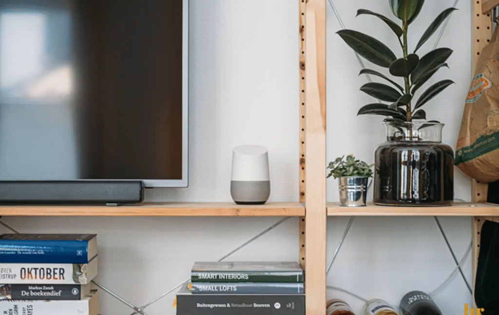 étagère murale avec smart tv et speaker à droite avec deu plantes et des livres dedessous