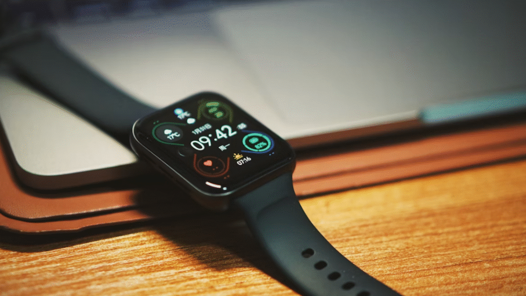 montre noire posée sur un bureau en bois