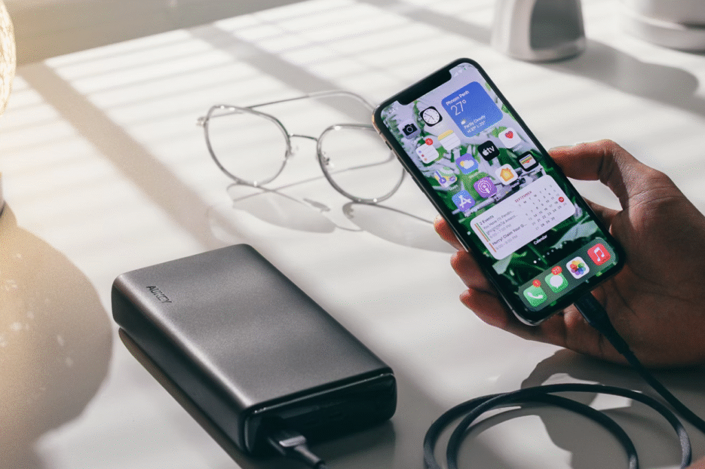 Batterie posée sur une table avec une main humaine tenant un smartphone relié à cette batterie et lunette de vue en arrière plan