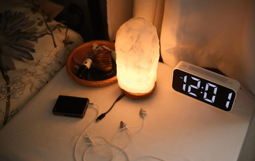 table de nuit avec réveille intélligent et lampe de nuit à faible intensité à côté d'écouteurs mp3