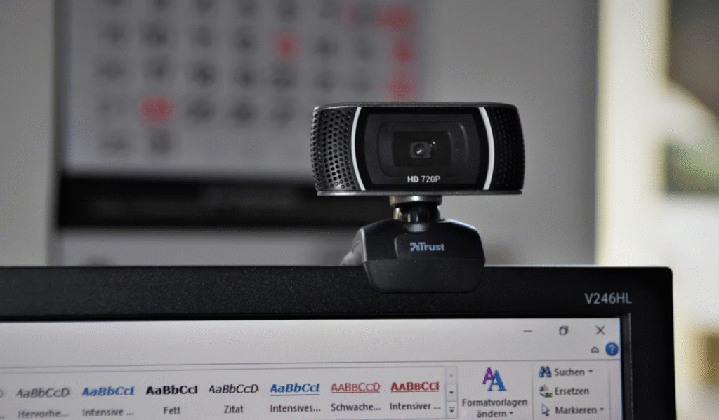 webcam noire attachée sur le haut d'un écran pc