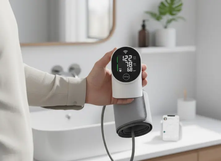 Withings BPM Connect utilisé par un homme dans une salle de bain et affichant la tension