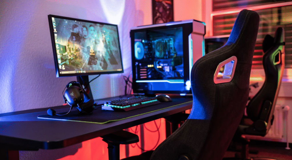 salle de bureau avec 2 chaises gaming devant un bureau avec un écran pc et une unité centrale transparente