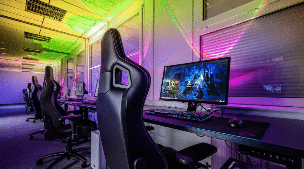 salle de jeux vidéos avec plusieurs tables avec écran, clavier et chaise gaming