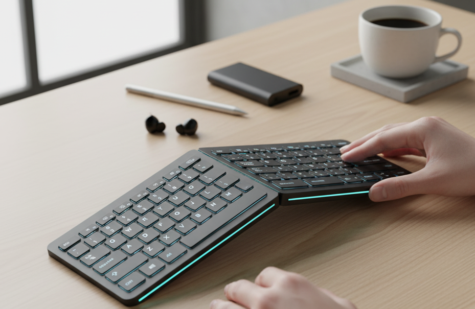 Clavier noir pliable en deux posé sur une table de bureau avec mains humaines dessus