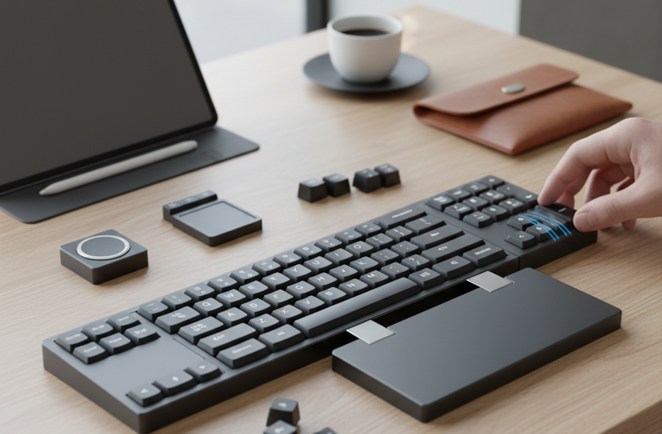 clavier noir connecté à une tablette noire avec des touche clavier retirées et posées devant