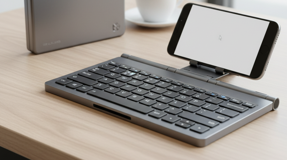 clavier portable gris connecté à un smartphone posé sur une tablea de vureau en bois