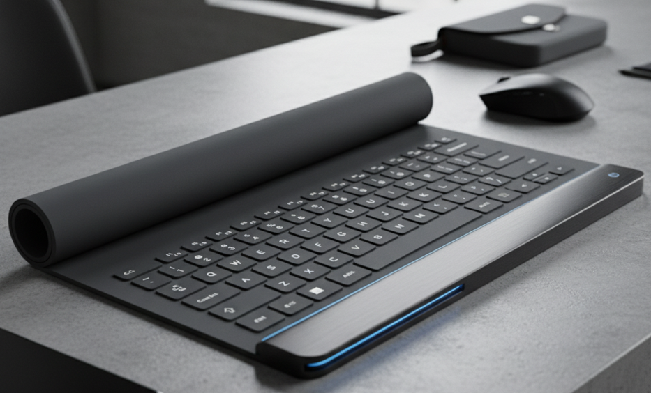 clavier noir qui s'enroule posé sur une table grise avec une souris noire à côté