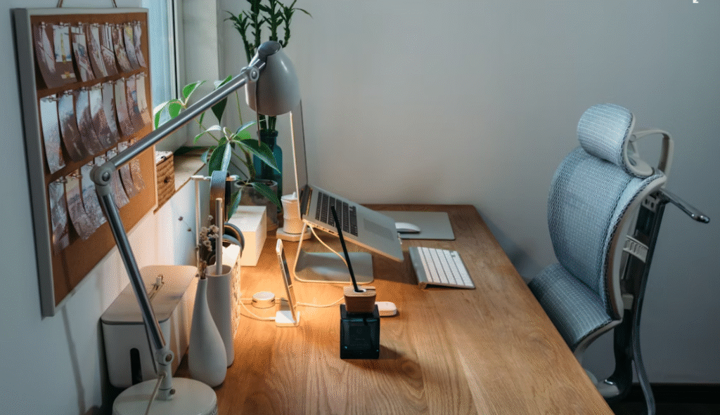 bureau avec un pc portable incliné, un clavier blanc, une lampe de bureau éclairant le bureau