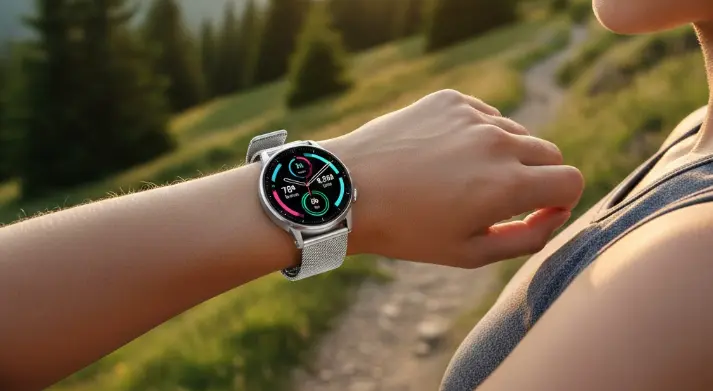 Bras gauche d'une femme affichant le rythme cardiaque sur sa montre connectée en pleine nature