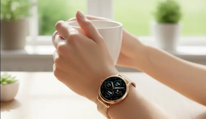 zoom sur les bras d'une femme tenant un tasse de café et auyant une montre connectée au bras gauche