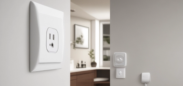 prise blanche murale avec vue sur la cuisine