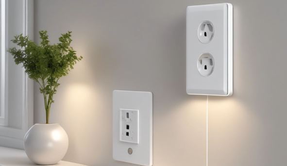 trois prises murales blanches avec une petite plante à gauche posée sur un meuble