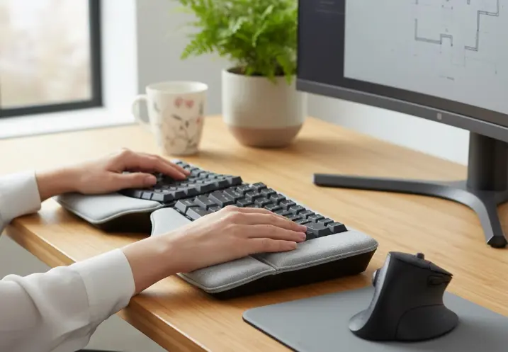 Repose-Poignets Clavier gris posé devant un clavier et écran pc avec mains humaines dessus
