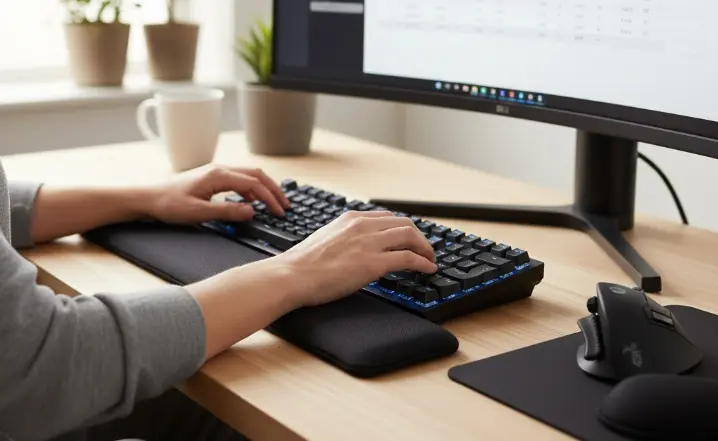 Repose-Poignets Clavier noir posé devant un clavier et écran pc avec mains humaines dessus