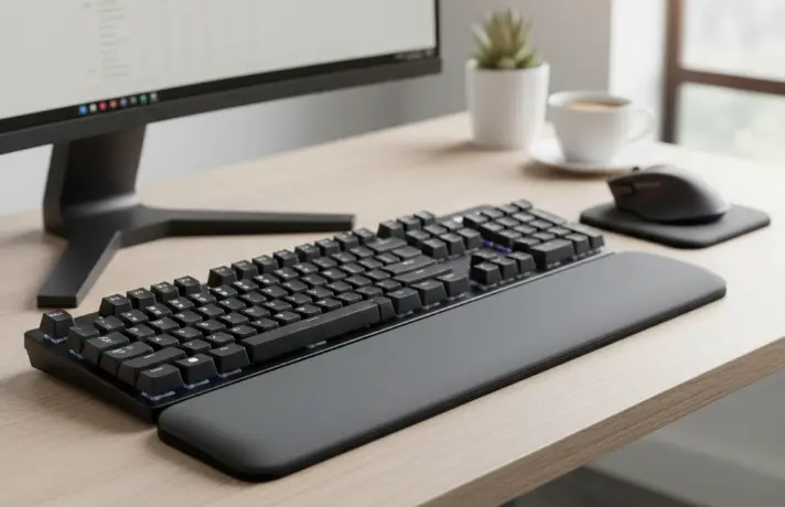 Repose-Poignets Clavier/Souris noir posé devant un clavier, souris et écran pc