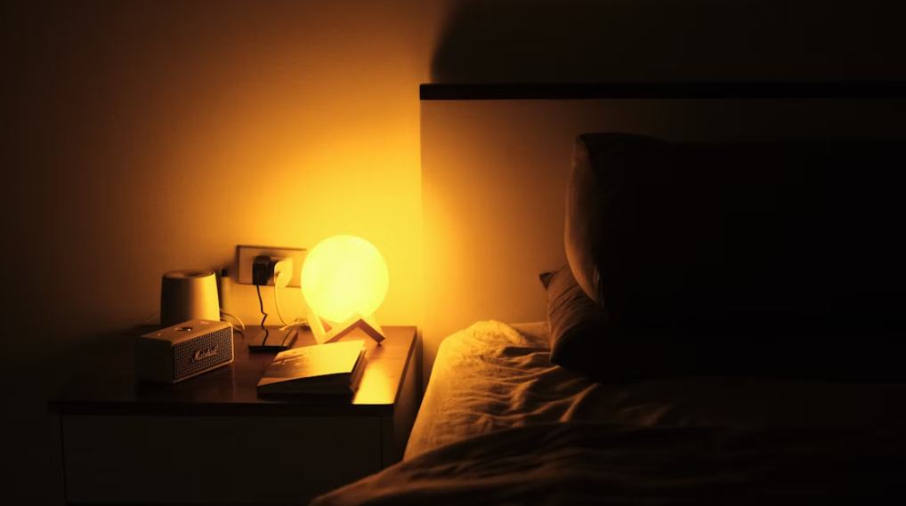 image sombre d'un lit à côté d'une table de chevet avec un réveil simulateur d'aube allumé.