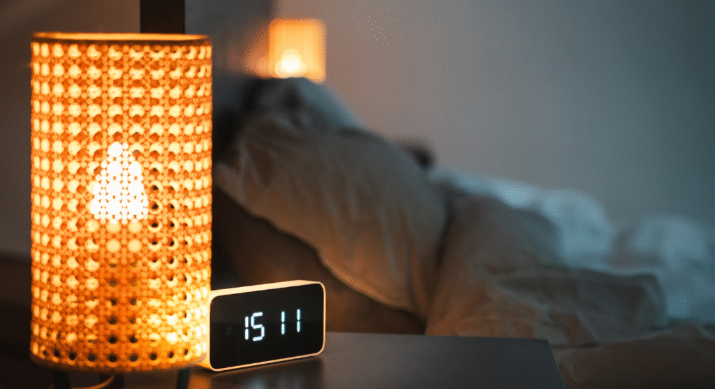 réveil simulateur d'aube posé sur une table de chevet à côté d'une lampe de basse intensité à côté d'un lit en arrière plan