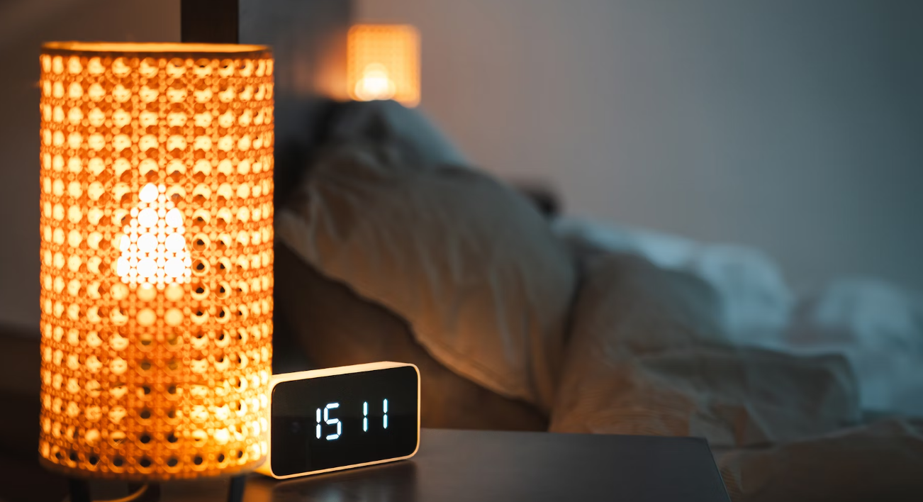 lampe réveille allumée posée à côté d'un lit