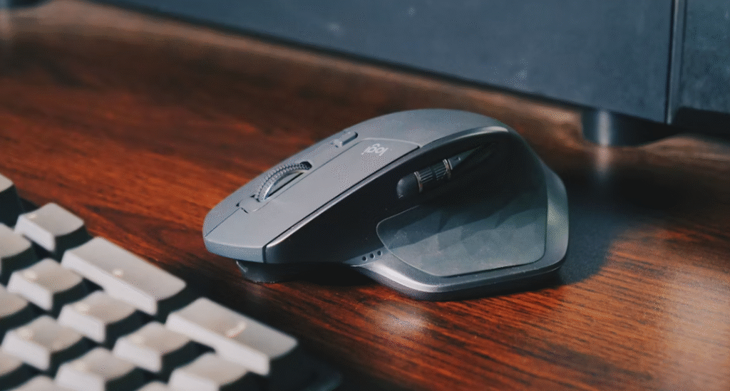 souris ergonomique grise posée à côté d'un clavier de pc