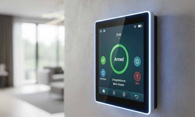 tablette d'un système d'alarme allumé avec écrit "armed" et accroché à un mur 