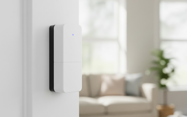 système d'alarme blanc posé sur une porte intérieure de maison avec vue sur le salon en arrière plan