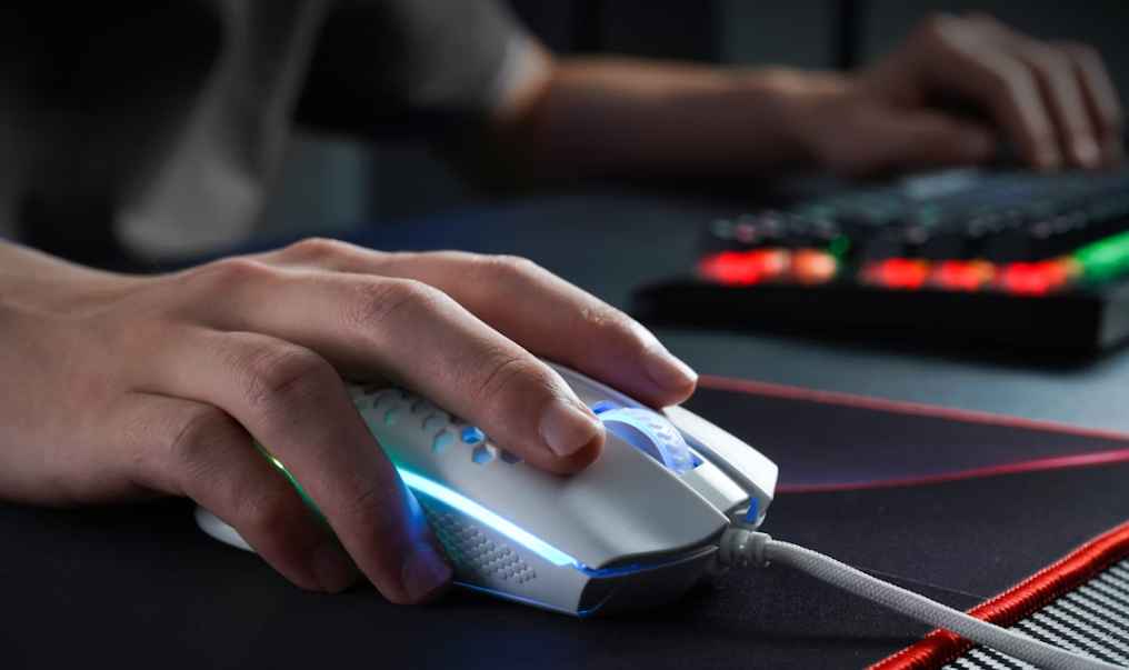 zoom sure une main blanche tenant une souris de pc
