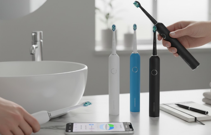 5 brosses à dents dont deux qui sont tenues par des mains dans une salle de bain