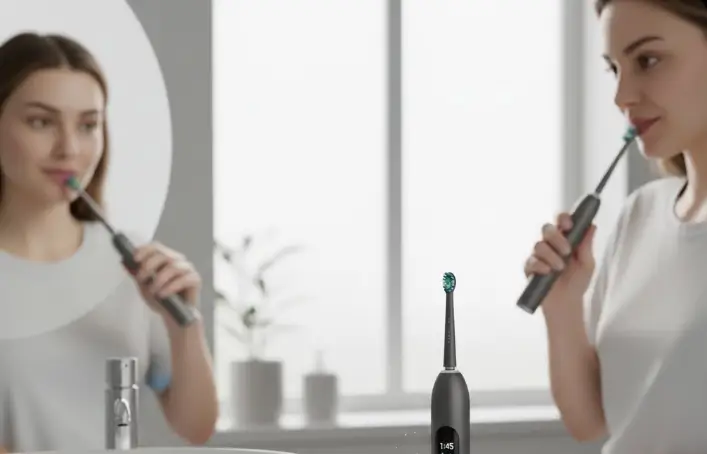 femme se brossant les dents face au miroire