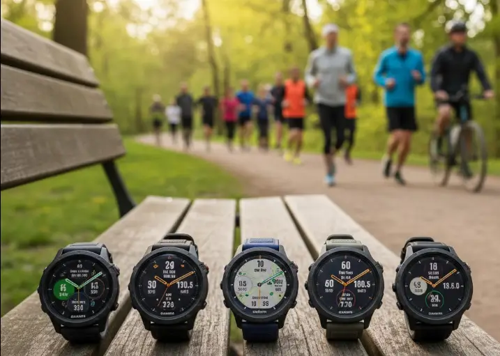 5 montres Garmin posées sur un banc dans un parc avec des gens qui courent en arrière-plan.