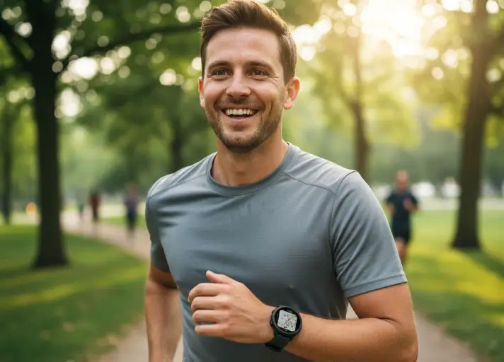 Homme souriant en train de courir dans un parc avec une montre garmin au poignet