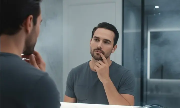 visage d'un homme de la trentaine devant son miroir de salle de bain et en bonne santé