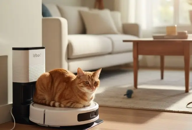 aspirateur robots dans une maison avec un chat roux posé dessus