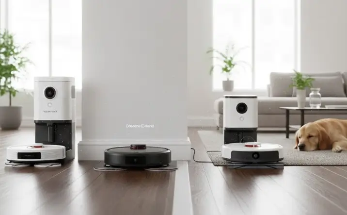 3 aspirateurs robots dans le salon d'une maison avec un golden en train de dormir à droite