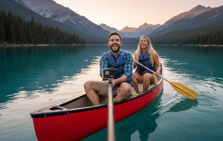 homme sur un canoe avec sa copine avec une caméra d'action