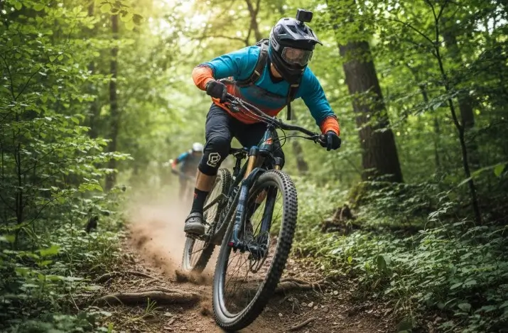 homme en vtt avec une caméra d'action sur lui en pleine forêt