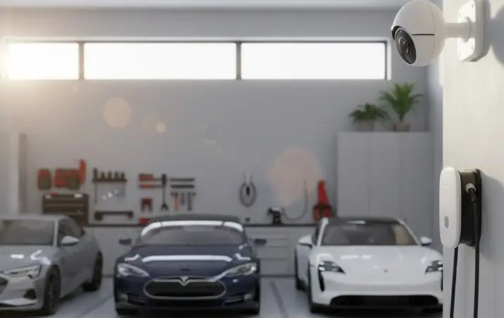 caméra de surveillance intérieure dans un garage d'une belle maison avec 3 belles voitures derrière