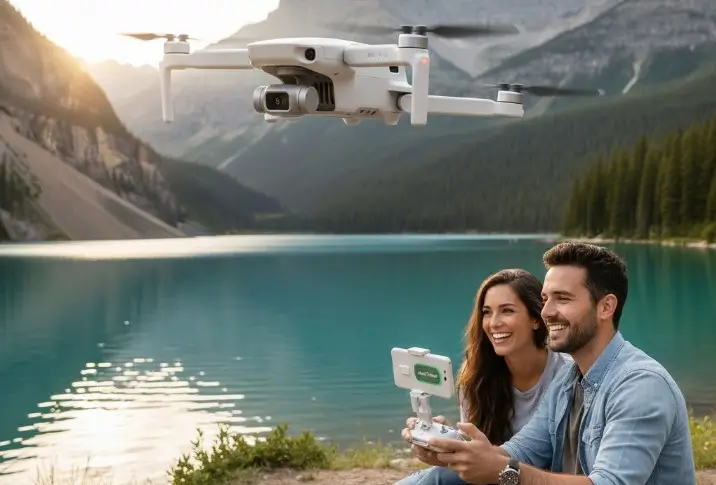 couple pilotant un drone pour débutant de qualité en pleine nature et simple d'utilisation
