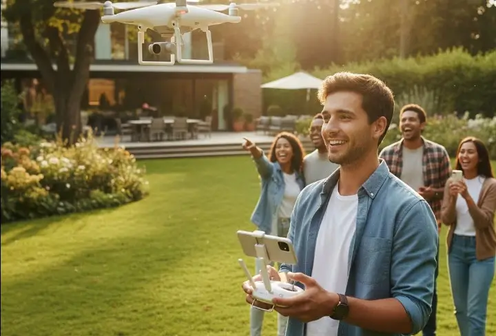  jeune homme qui pilote un drone pour débutant de qualité et simple d'utilisation dans son grand jardin avec ses amis