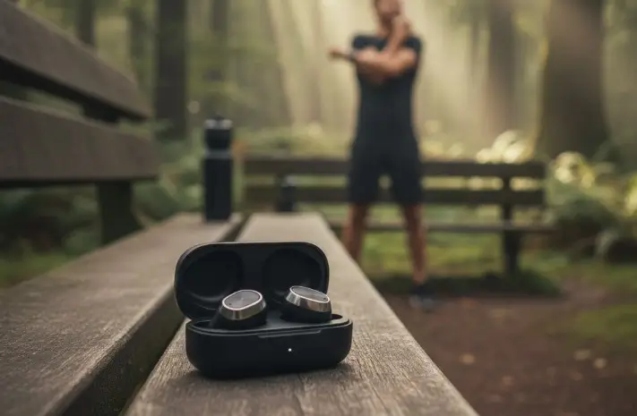 paire d'écouteurs bluetooth antibruit sur un banc dans un parc en train de faire des echauffements avec des écouteurs bluetooth