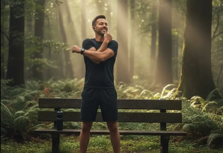 sportif sur un banc dans un parc en train de faire des echauffements avec des écouteurs bluetooth en pleine forêt