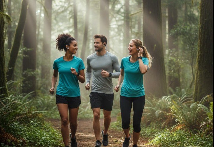 groupe de joggeurs avec des écouteurs bluetooth en pleine forêt