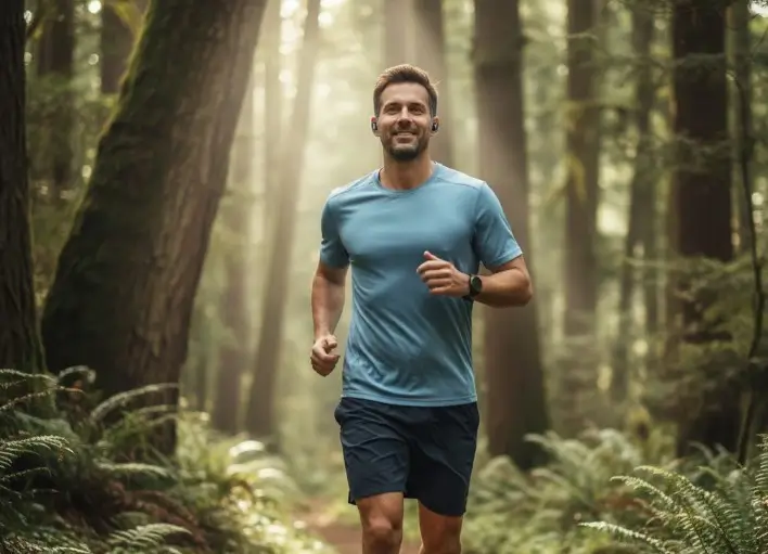 joggeur avec des écouteurs bluetooth en pleine forêt