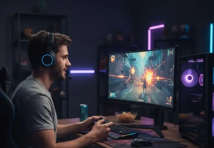 jeune jouant aux jeux vidéos sur son écran PC gamer