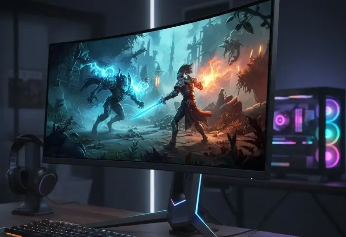 écran PC gamer de qualité dans une salle sombre