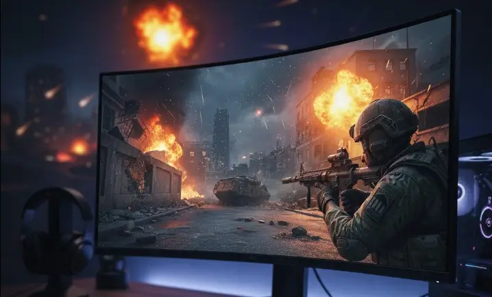 écran PC gamer avec un jeu de guerre