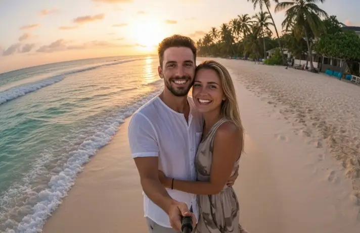 couple en vacances sur la plage en train de prendre un selfie avec une caméra insta360