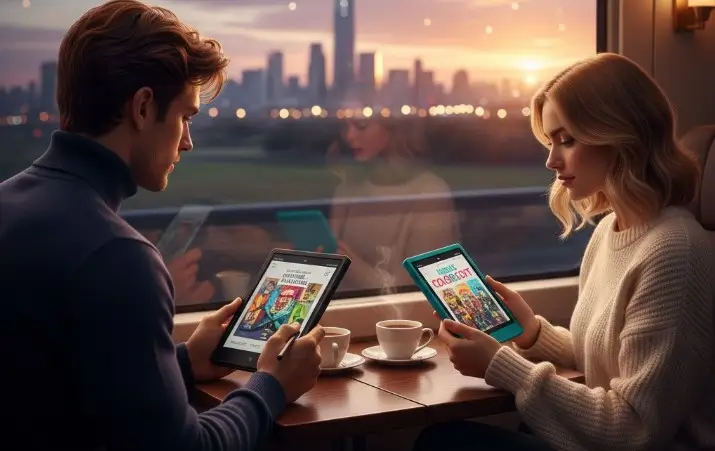  jeune couple en train de lire chacun sur leur kindle dans un train de dos.