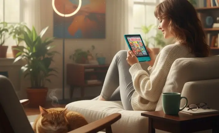 femme en train de lire sur son kindle dans son salon de dos