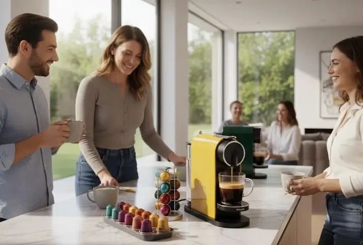 ne machine à café à capsules avec une femme en train de préparer le café pour ses convives